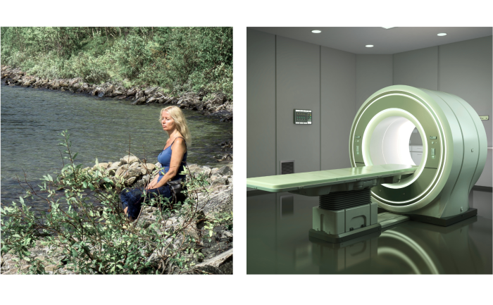 Illustration af forskellen mellem mindbody heling og teknologisk behandling ved kroniske symptomer, stress og smerter i hofte og ben. Viser selvheling gennem somatisk praksis og scanning via medicinsk teknologi.