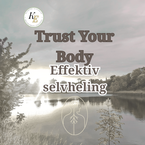 Trust Your Body – Effektiv selvheling. Naturinspireret forsidebillede med roligt sølandskab og Kathrine Elizabeth Bevidsthedscoachings logo og ikon af nervesystemet